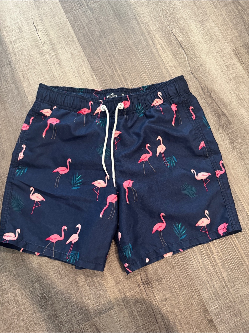 Hollister Navy Swim Trunks with Pink Flamingo Print